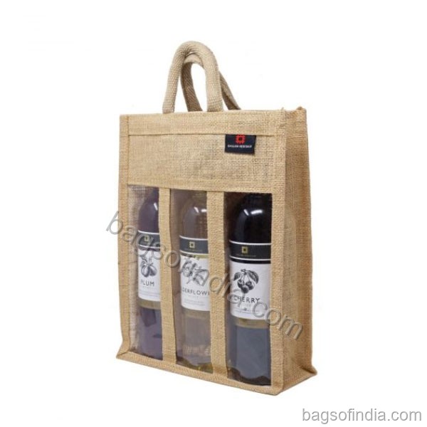 Brown Plain 3 Bottle Jute Bag - Jute Wine Bags in India