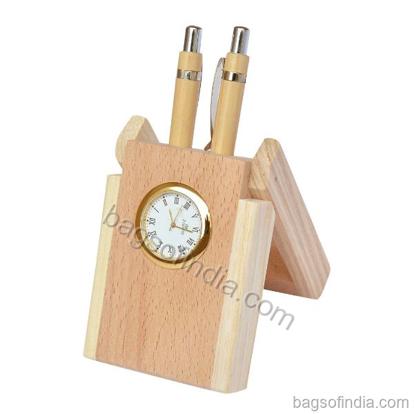 Indo Wooden Pen Stand with Watch - Pen Stand in India