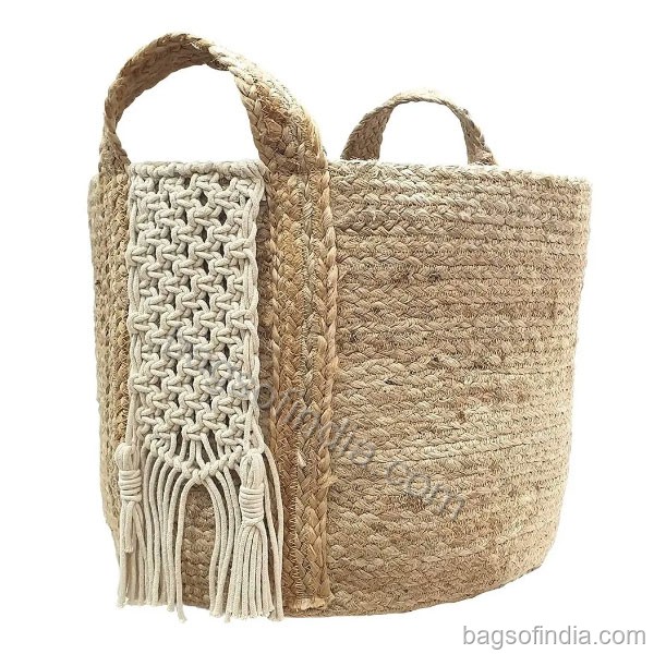 Jute and Macrame Storage Basket with Handles - Jute Bags in India