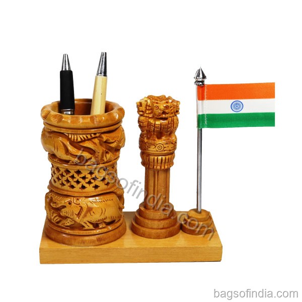 Wooden Pen Stand for Office Desk with Flag - Pen Stand in India