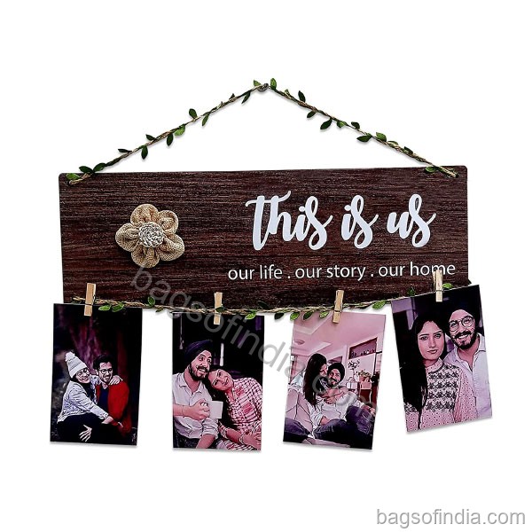 Wooden Wall Hanging Collage Organizer with Clips and Ropes - Photo Frame in India